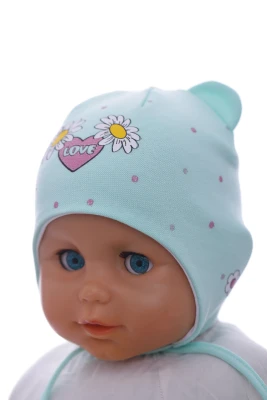 Шапка для дівчинки подвійний трикотаж з бірюзовою ромашкою