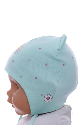 Шапка для дівчинки подвійний трикотаж з бірюзовою ромашкою