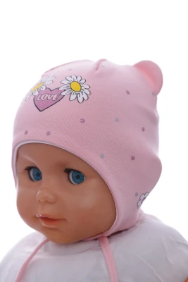 Шапка для дівчинки подвійний трикотаж з рожевою ромашкою
