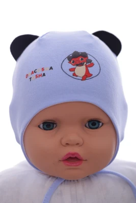 Шапка для хлопчика подвійний трикотаж із Динозавром блакитна