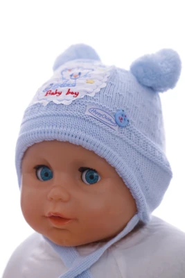Шапка для хлопчика в'язка на трикотажі Котик блакитний