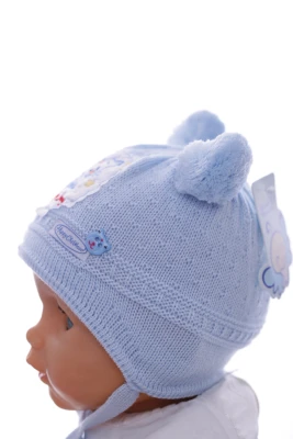 Шапка для хлопчика в'язка на трикотажі Котик блакитний
