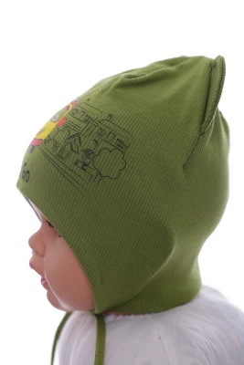 Шапка для хлопчика подвійний трикотаж у рубчик Автобус зелений