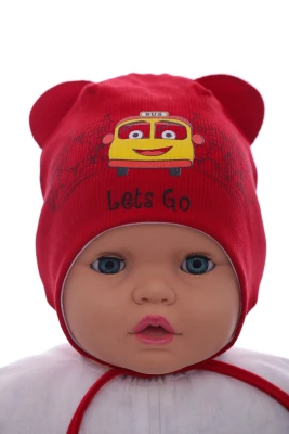 Шапка для хлопчика подвійний трикотаж у рубчик Автобус червона