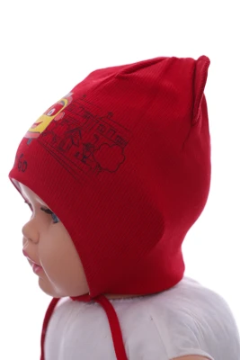 Шапка для хлопчика подвійний трикотаж у рубчик Автобус червона