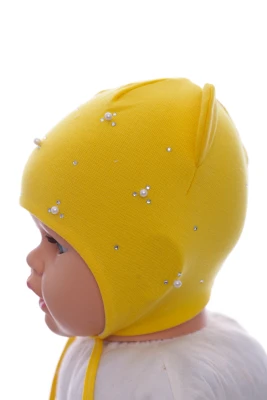 Шапка для дівчинки подвійний трикотаж Стразики жовта
