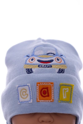Шапка в'язка для хлопчика на трикотажі Car блакитна
