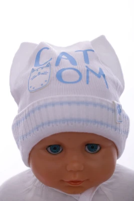 Шапка в'язка на трикотажі Котик блакитна