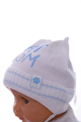 Шапка в'язка на трикотажі Котик блакитна