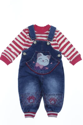 Водолазка з джинсовим напівкомбінезоном для дівчинки коттоновий "Cat" рожевий