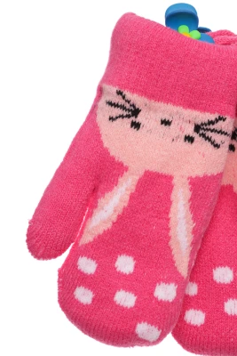 Рукавички в'язка на траві з зайчиком у горох рожевий