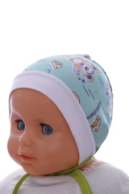 Чепчик бавовняний на зав'язках Мишка світло бірюзовий