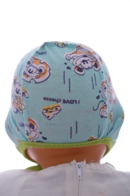 Чепчик бавовняний на зав'язках Мишка світло бірюзовий