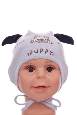 Шапка на завязках для мальчика двойной трикотаж PUPPY светло-голубая